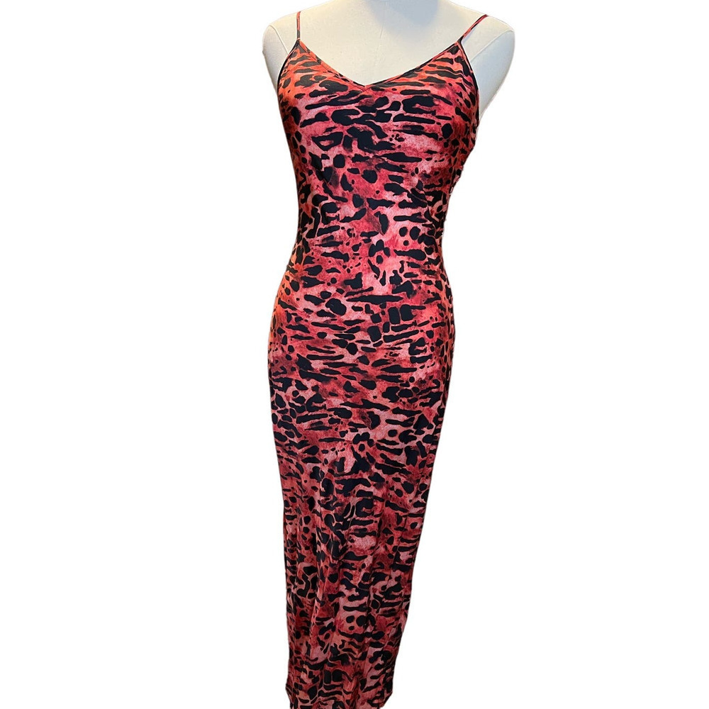 AllSaints Hera Ambient Animal Print Slip Dress Sz Small Sleeveless Midi Black Re